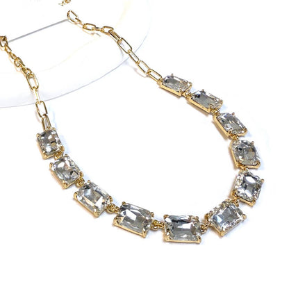 Rectangle Crystal Glass Linked Statement Chain Necklace : Blackdia-AB