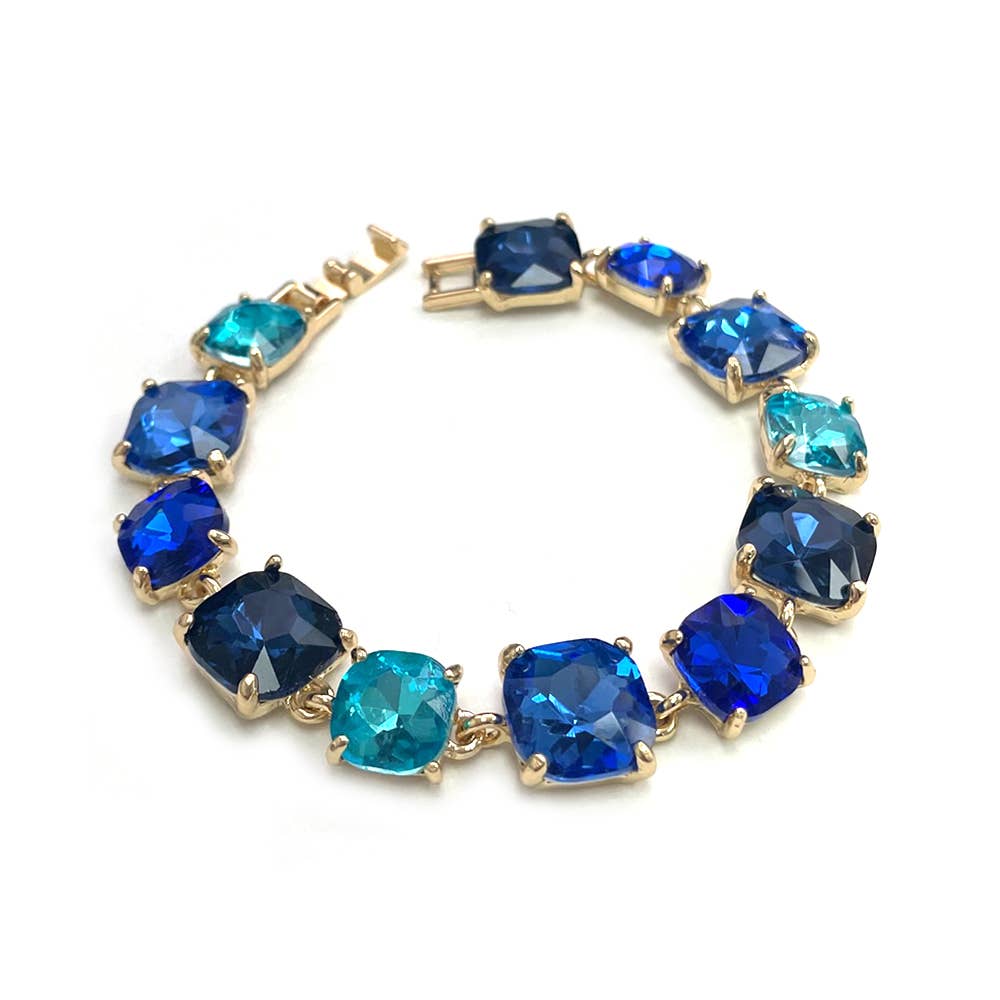 Cushion Cut Glass Crystal Linked Station Bracelet: BLUE-MULTI