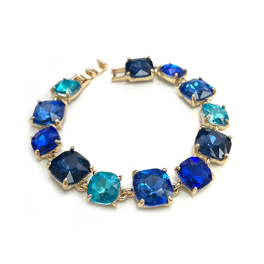 Cushion Cut Glass Crystal Linked Station Bracelet: BLUE-MULTI
