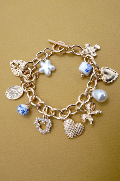 CERAMIC PORCELAIN HEART BOW PEARL CHARM BRACELET