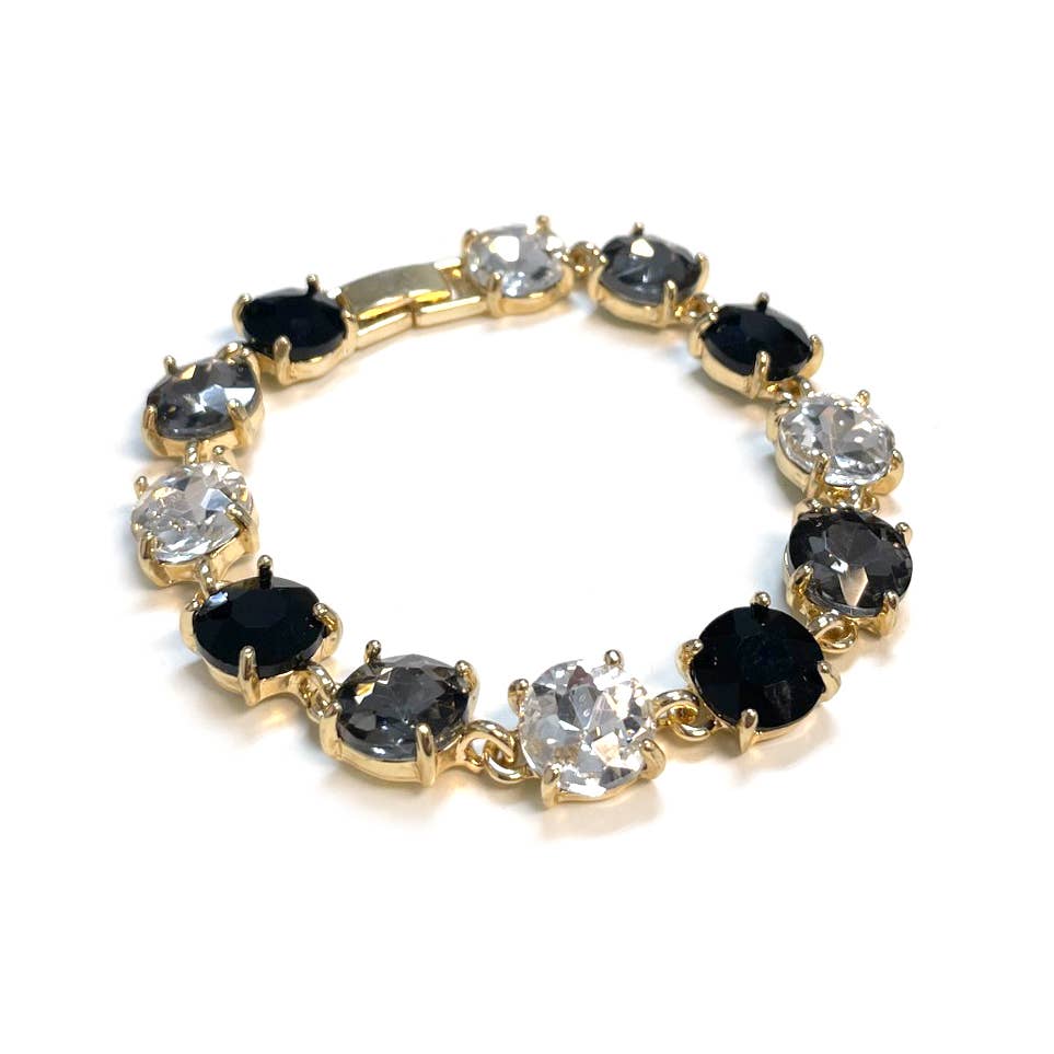 Round Cushion Cut Crystal Glass Linked Bracelet: ANTIQUE-SILVER-BLACK-MULTI
