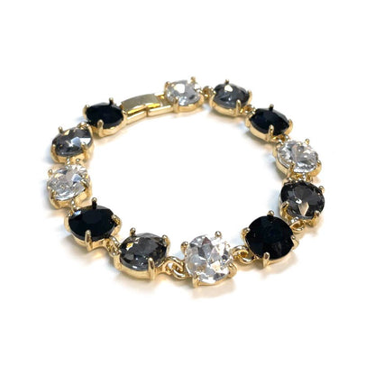 Round Cushion Cut Crystal Glass Linked Bracelet: ANTIQUE-SILVER-BLACK-MULTI