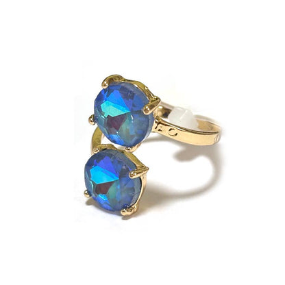Double Round Crystal Stone Opposite Ends Adjustable Ring: X-BLUE