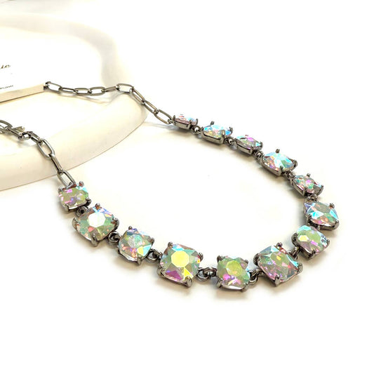 Cushion Cut Square Glass Crystal Linked Chain Necklace: ANTIQUESILVER-CLEARAB