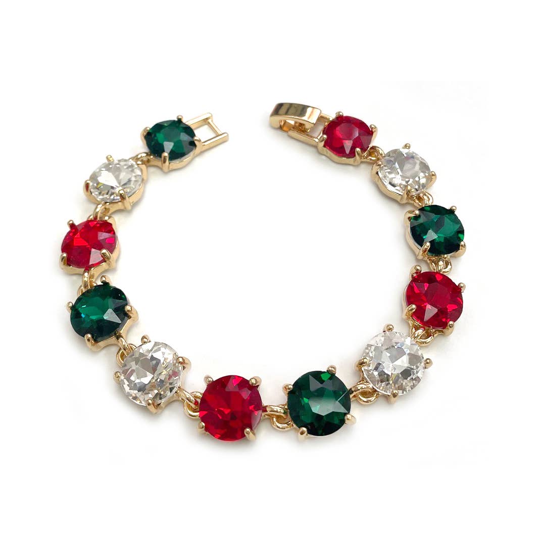 Round Cushion Cut Crystal Glass Linked Bracelet: ANTIQUE-SILVER-BLACK-MULTI