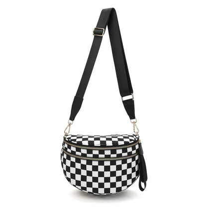 Paulina Nylon Waterproof Multi-Compartment 10" Crossbody Bag: Black White Checker