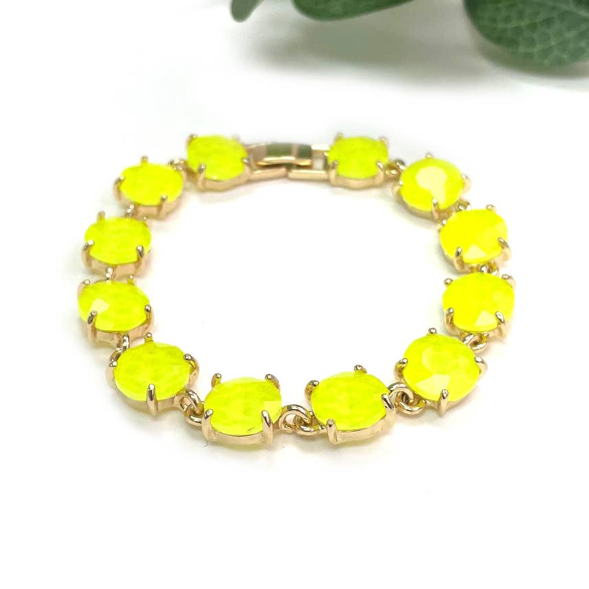 Neon Round Cushion Cut Crystal Glass Linked Bracelet: NEON-YELLOW
