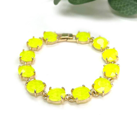 Neon Round Cushion Cut Crystal Glass Linked Bracelet: NEON-YELLOW