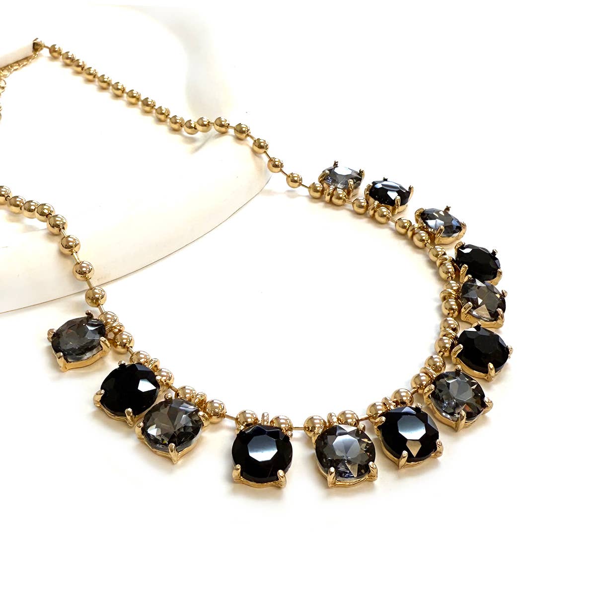 Crystal Glass Bead Dangle Station Ball Beaded Chain Necklace: Antique-Silver-Black-Multi