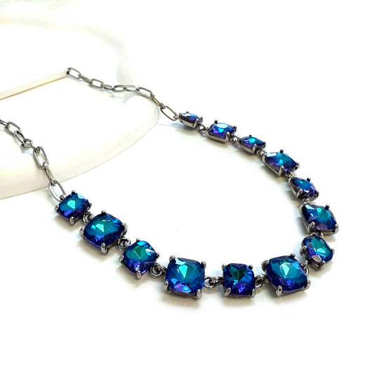 Cushion Cut Square Glass Crystal Linked Chain Necklace: ANTIQUESILVER-BLUE