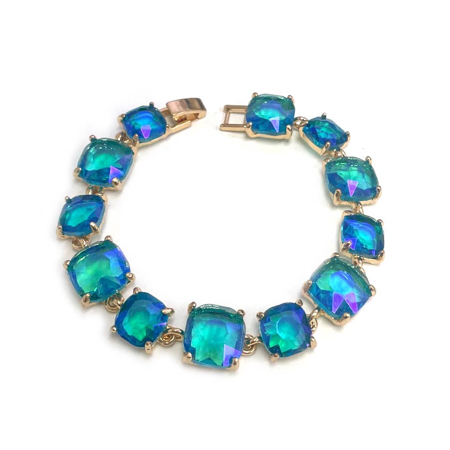 Cushion Cut Glass Crystal Linked Station Bracelet: BLUE-AB