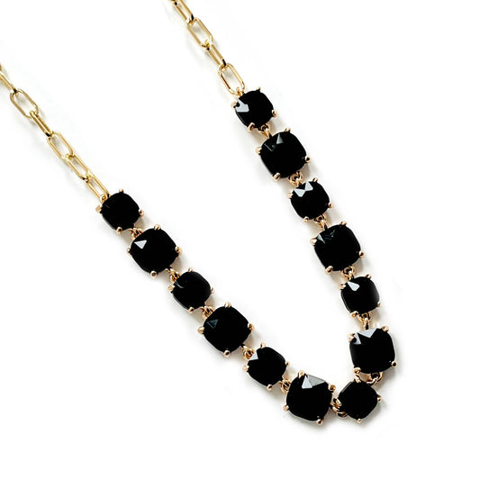 Cushion Cut Square Glass Crystal Linked Chain Necklace: Black