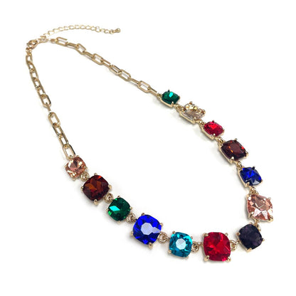 Cushion Cut Square Glass Crystal Linked Chain Necklace: BLUE(BU)-AB