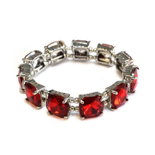 Cushion Cut Glass Crystal Linked Stretch Bracelet: ANTIQUE-SILVER-RED