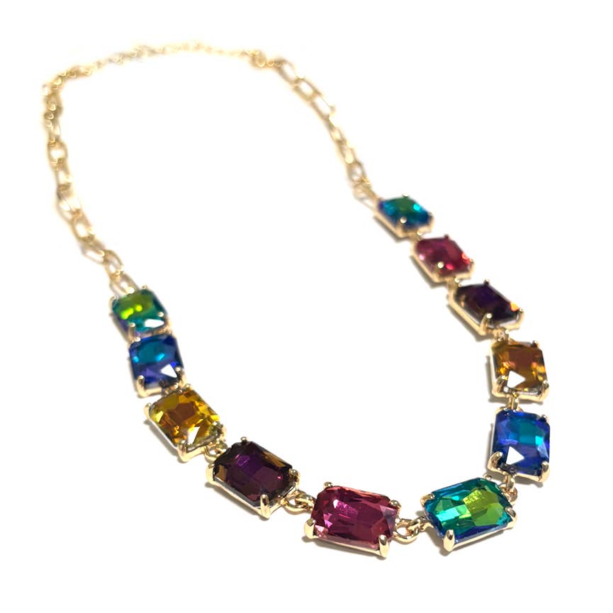 Rectangle Crystal Glass Linked Statement Chain Necklace : Blackdia-AB