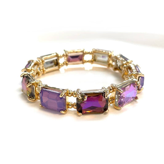 Emerald Cut Crystal Glass Bead Stretched Bracelets: PURPLE-AB