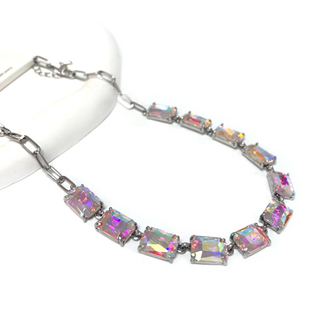 Rectangle Crystal Glass Linked Statement Chain Necklace : Blackdia-AB