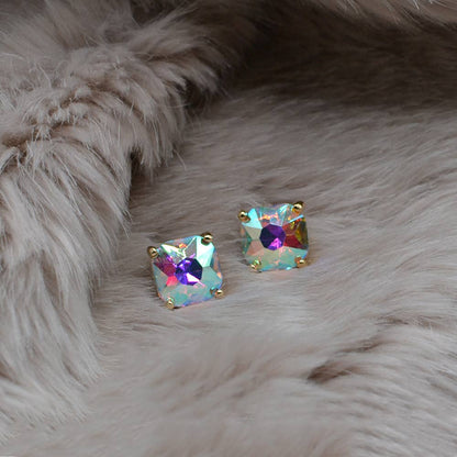 12mm Cushion Cut Square Crystal Glass bead stud Earrings: SILVER-CLEAR