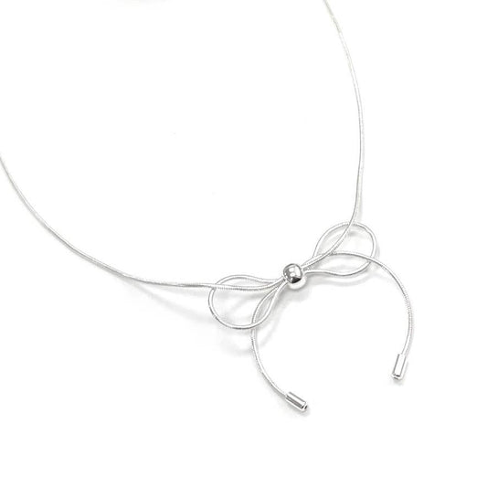 Minimalist Snake Chain Big Bow Knot Pendant Necklace: Silver