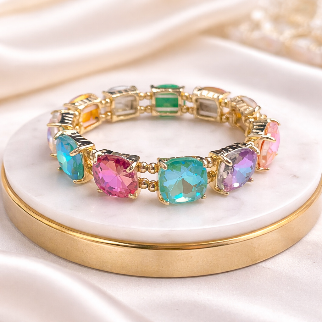 Cushion Cut Glass Crystal Linked Stretch Bracelet: PASTEL-PERI-BLUE