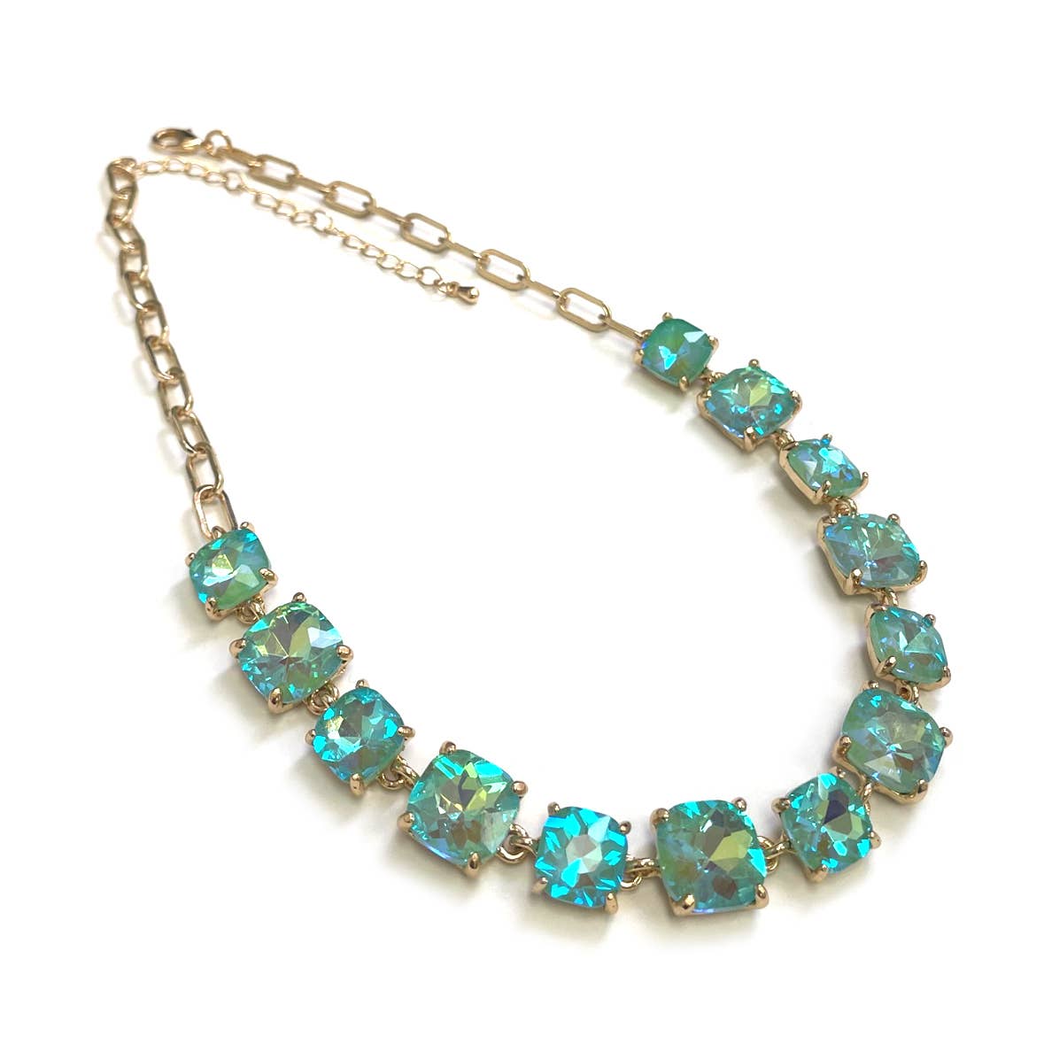 Cushion Cut Square Glass Crystal Linked Chain Necklace: CORAL-AB
