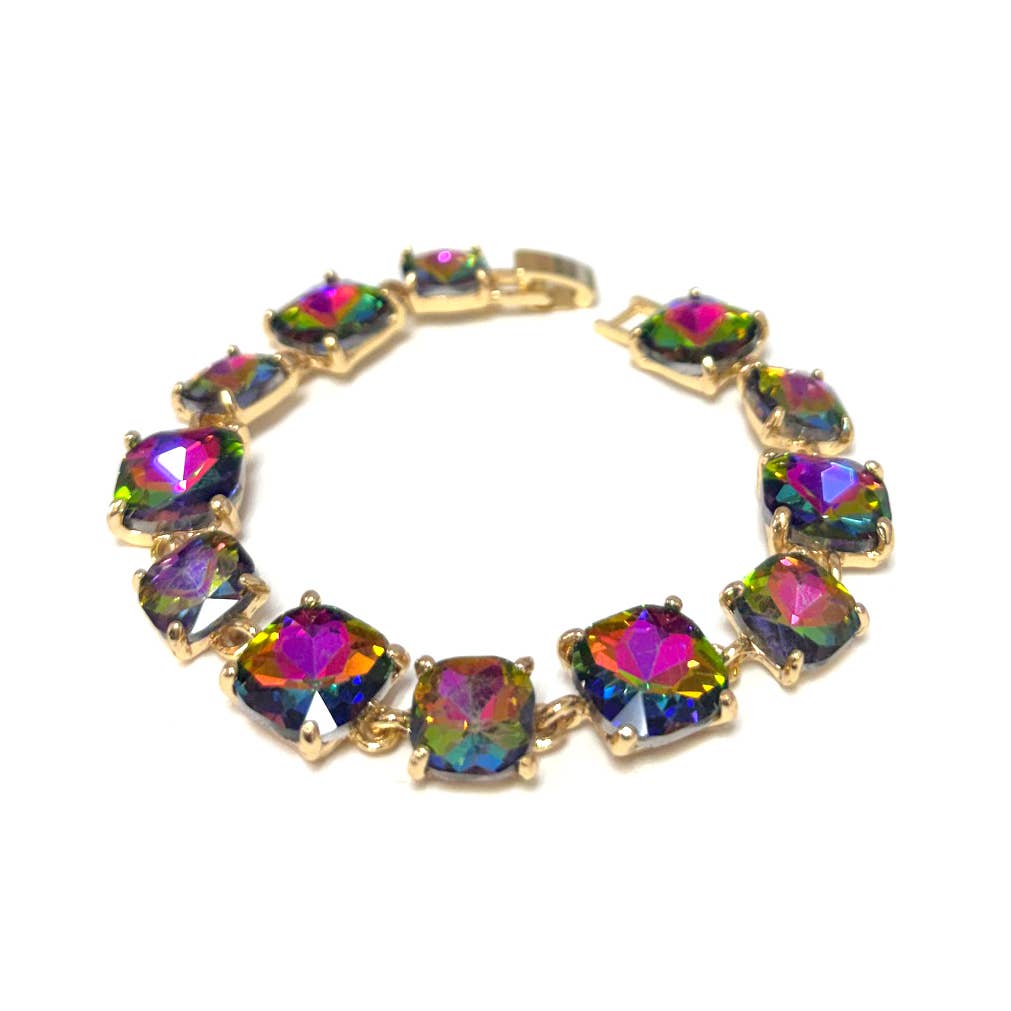 Cushion Cut Glass Crystal Linked Station Bracelet: RAINBOW