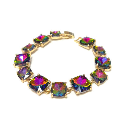 Cushion Cut Glass Crystal Linked Station Bracelet: RAINBOW