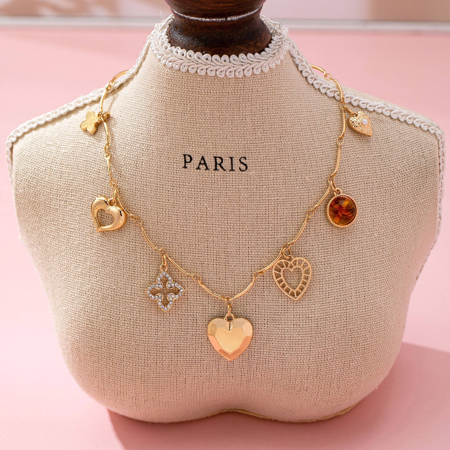 CHARM NECKLACE-HEARTS CLOVER STONE