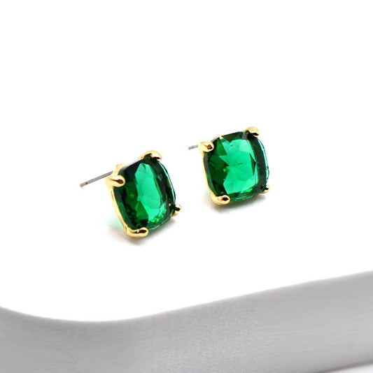 12mm Cushion Cut Square Crystal Glass bead stud Earrings: EMERALD