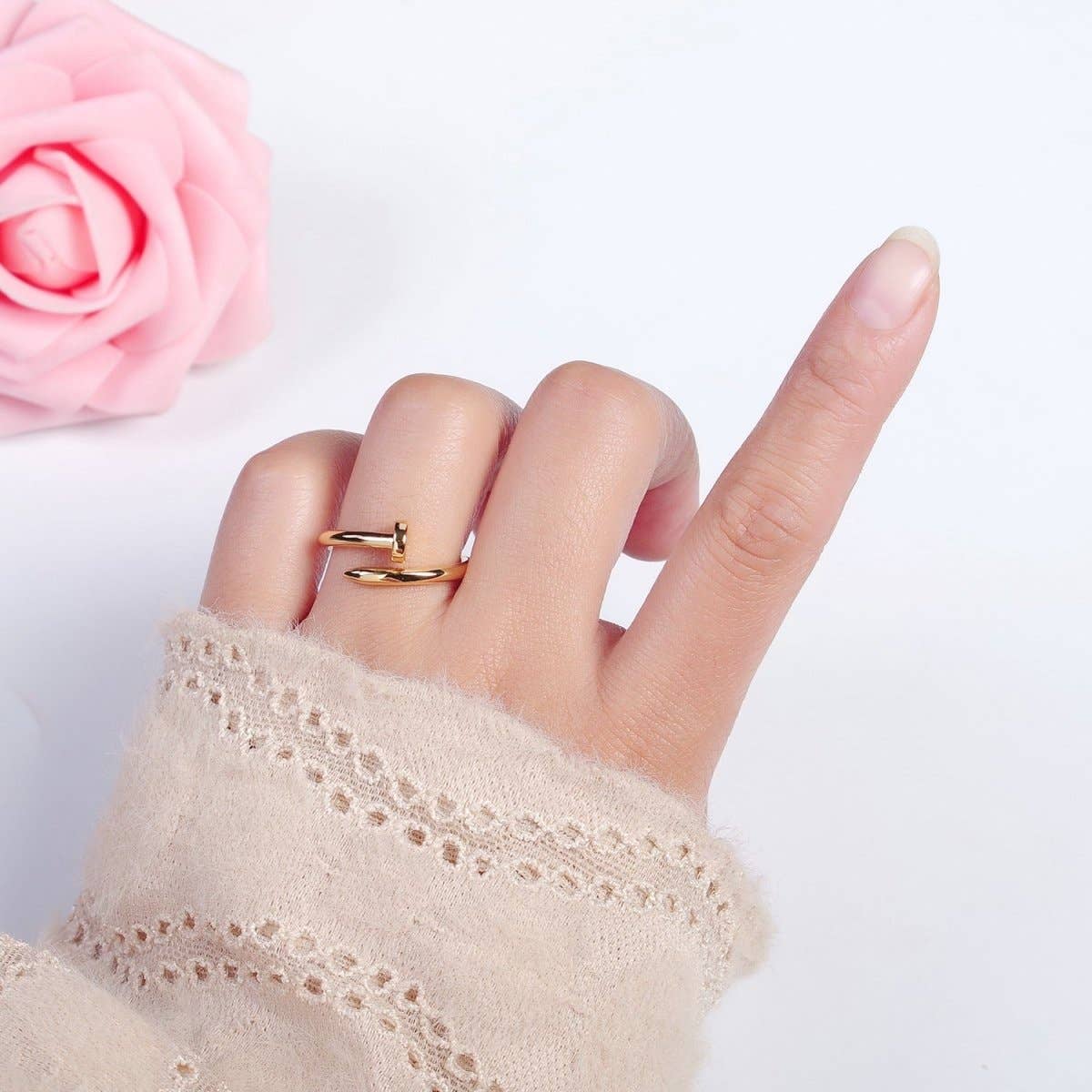 24K Gold Plated Adjustable Minimalist Nail Bent Ring | O2194