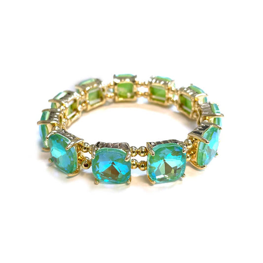Neon Cushion Cut Glass Crystal Linked Stretch Bracelet: Neon-Mint-AB