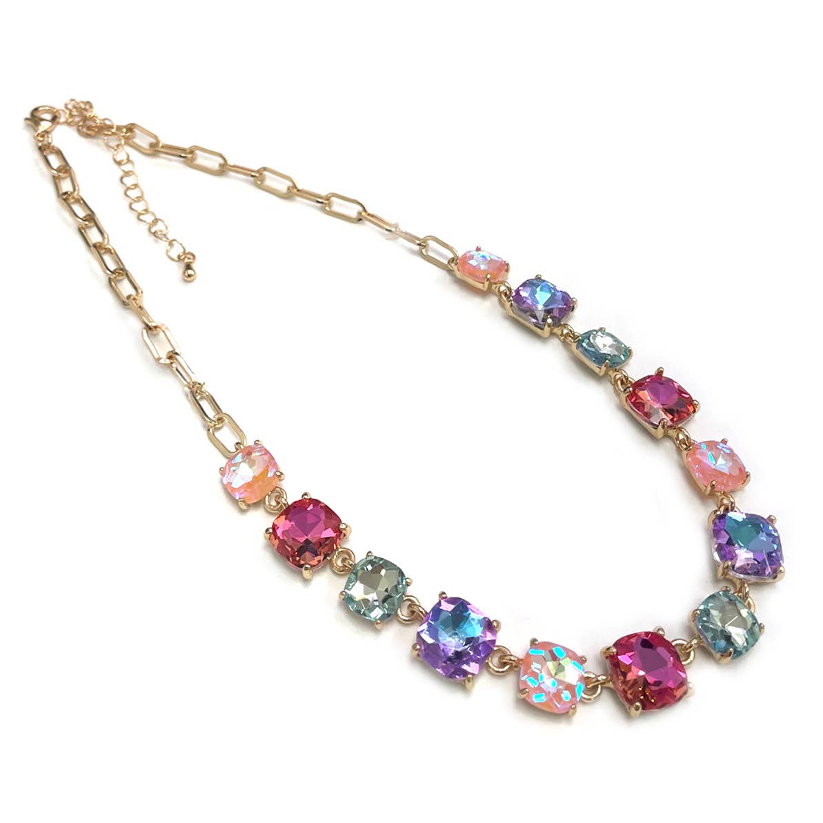Cushion Cut Square Glass Crystal Linked Chain Necklace: FUCHSIA-AB