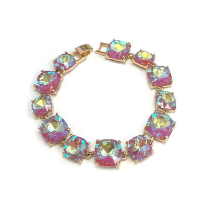Cushion Cut Glass Crystal Linked Station Bracelet: RAINBOW