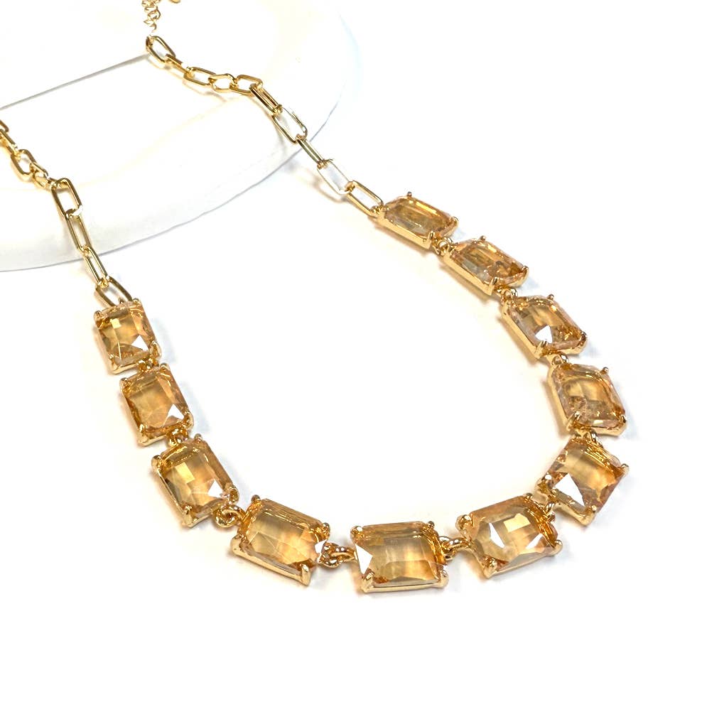 Rectangle Crystal Glass Linked Statement Chain Necklace : Blackdia-AB