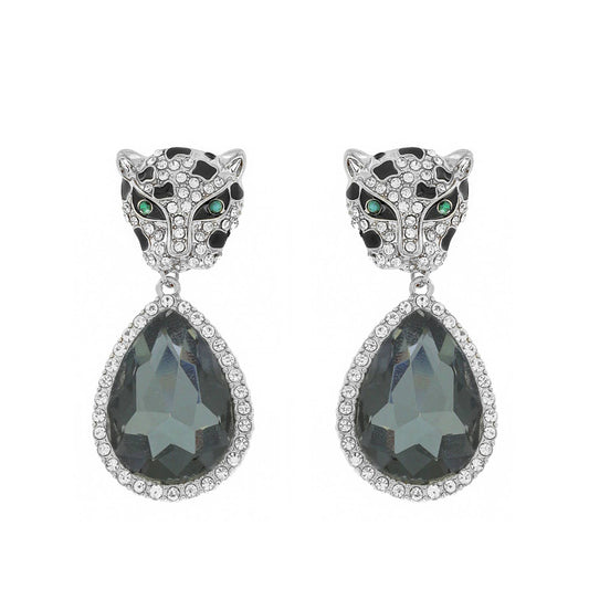 Puma Panther Teardrop Gem Dangle Earrings: Black