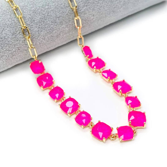 Neon Cushion Cut Glass Linked Chain Necklace: NEON-FUCHSIA