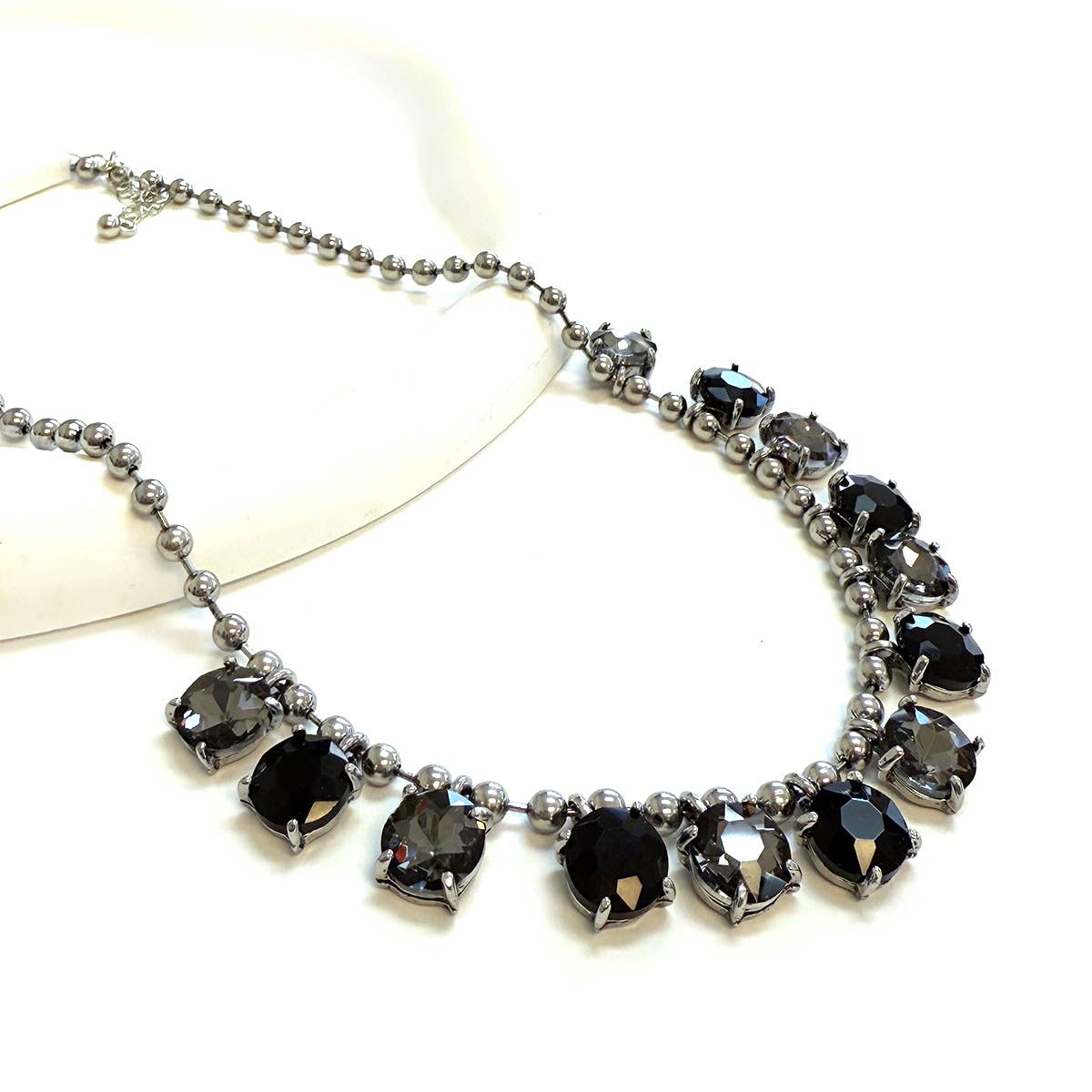 Crystal Glass Bead Dangle Station Ball Beaded Chain Necklace: Antique-Silver-Black-Multi