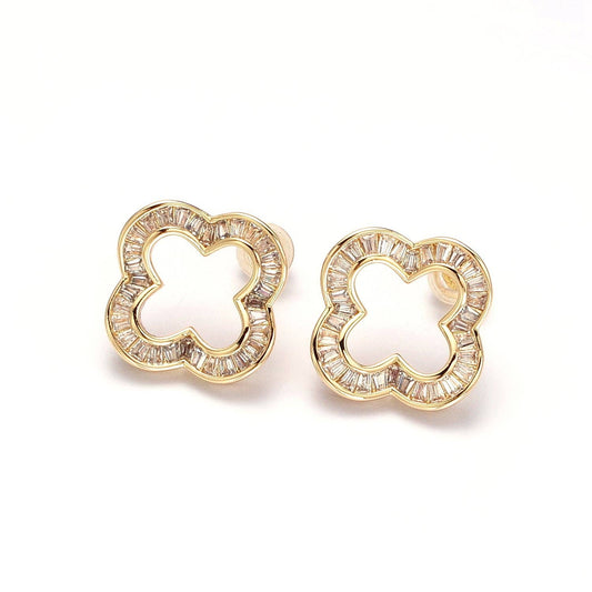 Gold Clear Baguette Open Quatrefoil Clover Stud Earrings in Gold & Silver: Gold
