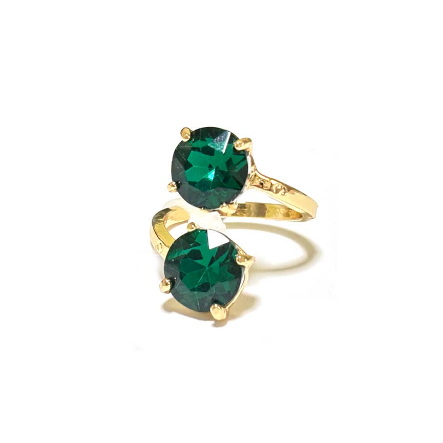 Double Round Crystal Stone Opposite Ends Adjustable Ring: X-BLUE
