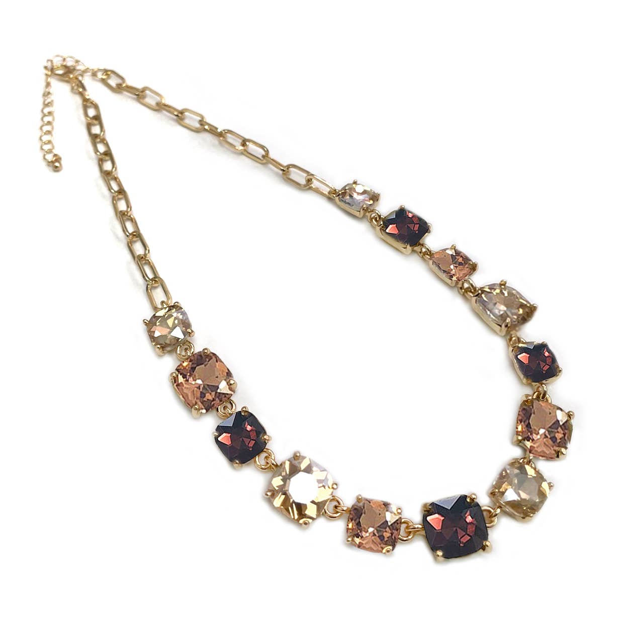 Cushion Cut Square Glass Crystal Linked Chain Necklace: BLUE(BU)-AB
