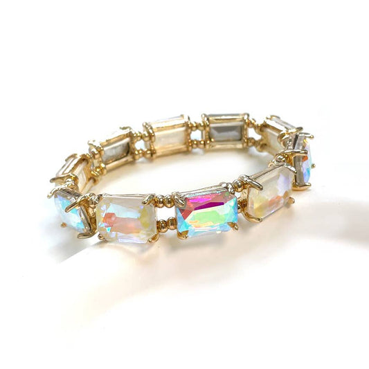 Emerald Cut Crystal Glass Bead Stretched Bracelets: WHITE-AB