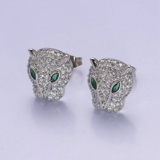 Gold Pave Crystal Leopard Head Ear Stud Earring T-415 T-416: Silver