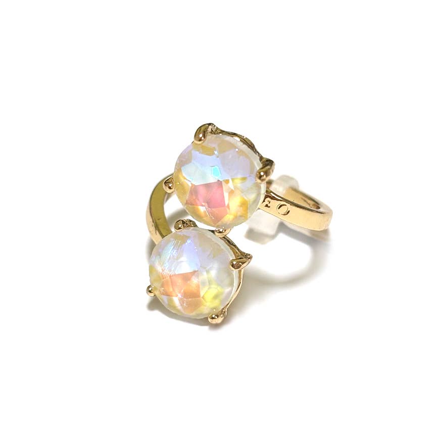 Double Round Crystal Stone Opposite Ends Adjustable Ring: X-BLUE