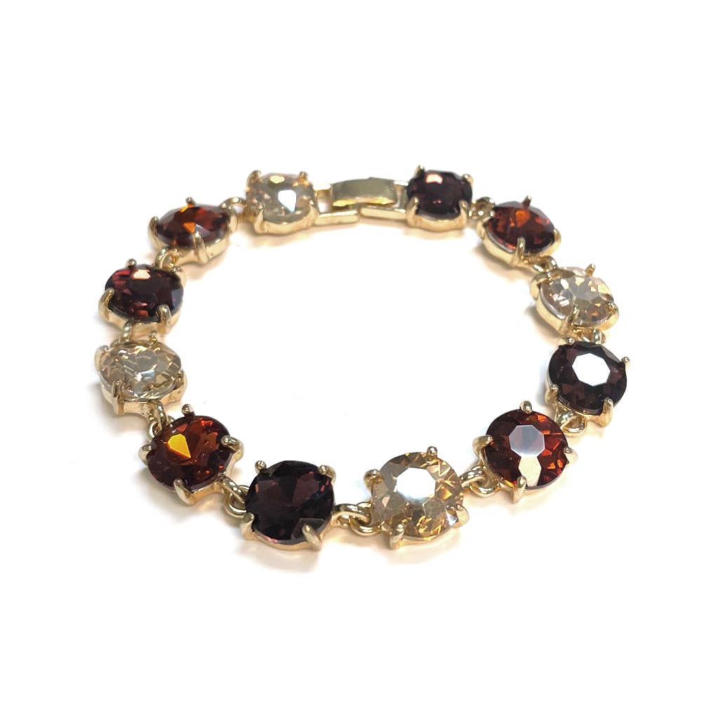 Round Cushion Cut Crystal Glass Linked Bracelet: ANTIQUE-SILVER-BLACK-MULTI