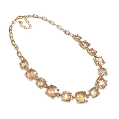 Cushion Cut Square Glass Crystal Linked Chain Necklace: X-CLEAR