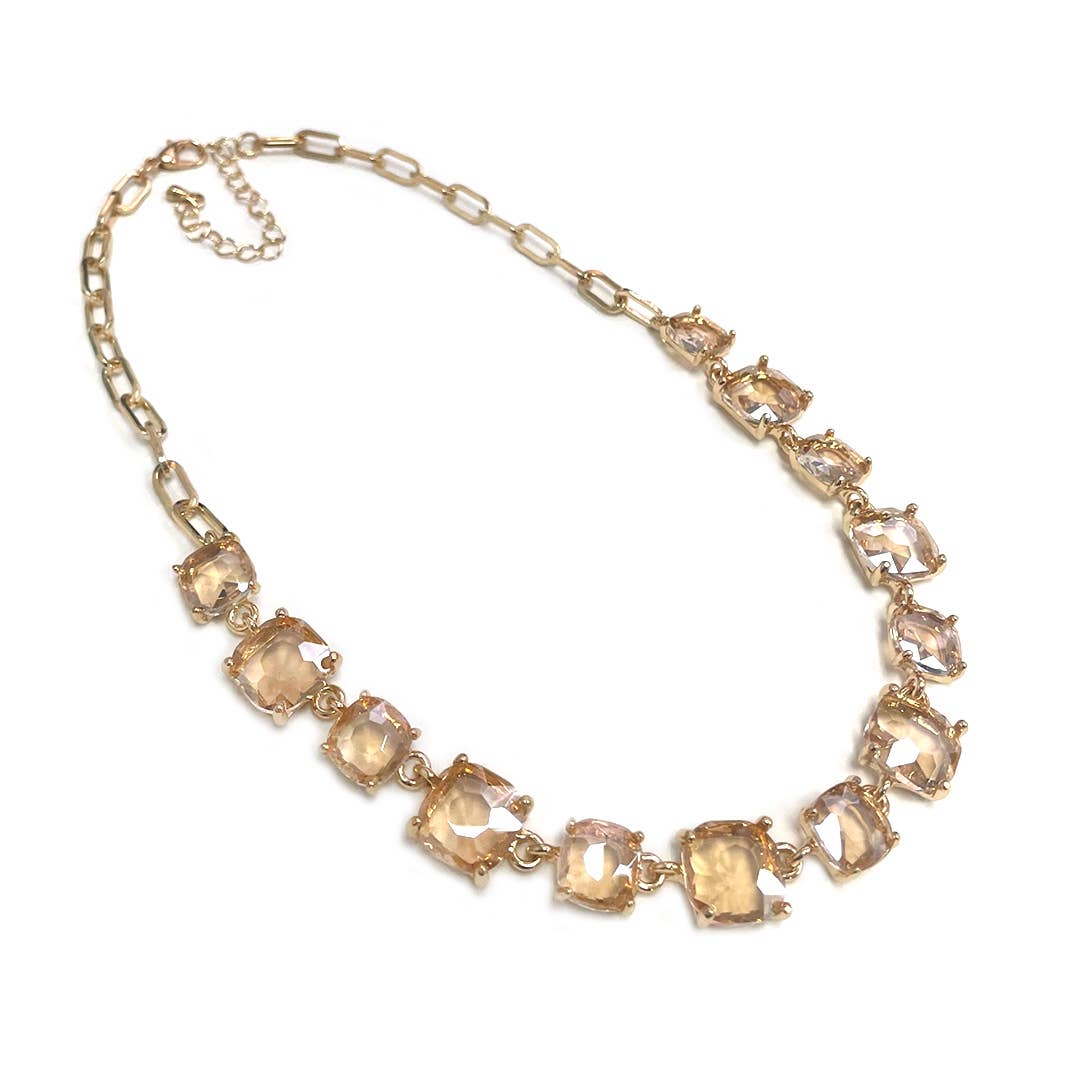 Cushion Cut Square Glass Crystal Linked Chain Necklace: BLUE(BU)-AB