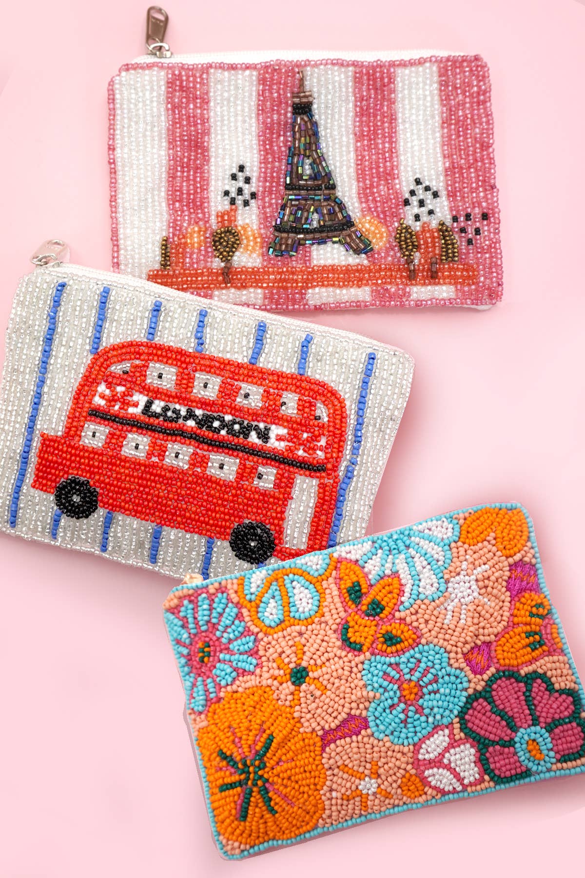 LONDON BUS FLOWER PARIS SEED BEAD COIN POUCH | 91CP1070: LONDON BUS 1070