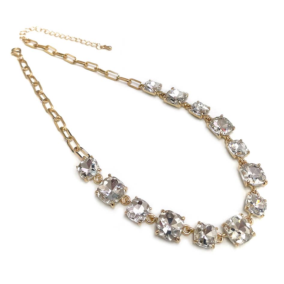 Cushion Cut Square Glass Crystal Linked Chain Necklace: FUCHSIA-AB