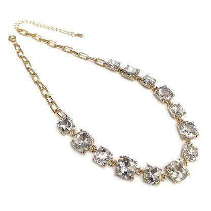 Cushion Cut Square Glass Crystal Linked Chain Necklace: FUCHSIA-AB