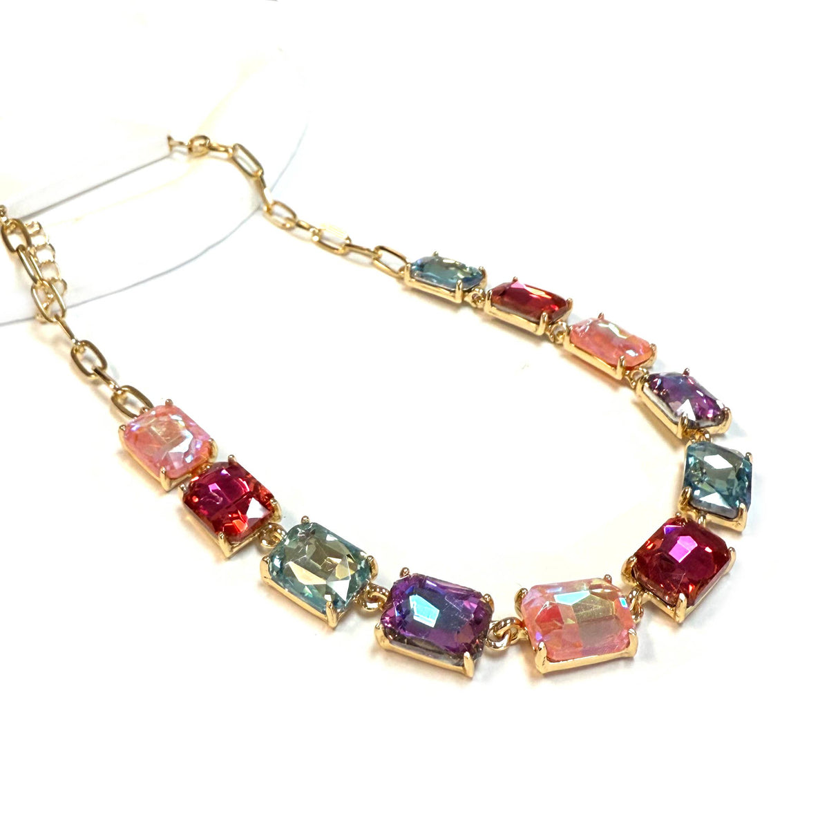 Rectangle Crystal Glass Linked Statement Chain Necklace : Blackdia-AB